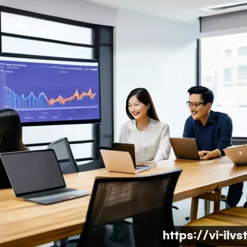 사모펀드와 스타트업 간의 시너지 - A modern Vietnamese startup office scene showcasing a diverse team of young professionals collaborat...