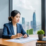 Home 18 사모펀드 투자자의 위험 감내 능력 - A modern Vietnamese investor workspace scene, featuring a young professional woman in business casua...