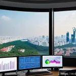 Home 23 사모펀드와 부동산 투자 비교 - A professional Vietnamese investor in modern office attire thoughtfully analyzing private equity and...